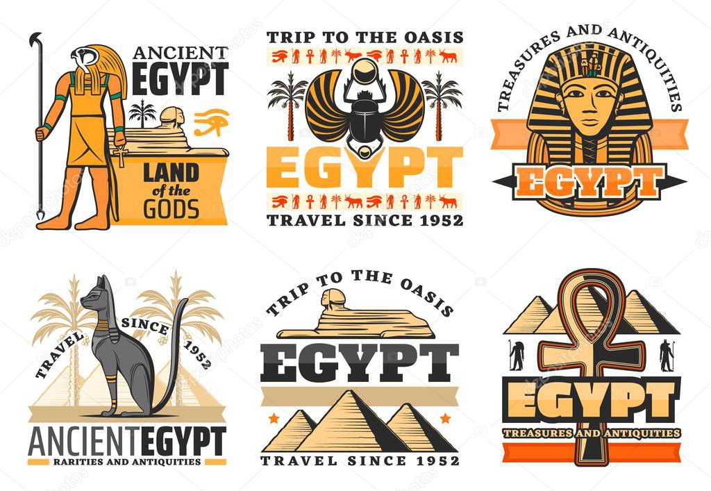 Egypt travel icons, Egyptian gods and landmarks. Vector Great pyramids and Sphinx, Ra and Pharaoh king, cat and coptic cross. Scarab and palm trees, luxor treasures, ancient civilization, isolated