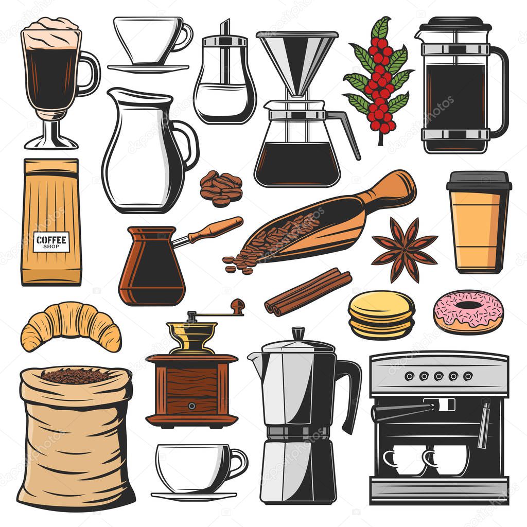 Isolated coffee beans and spices, machine icons