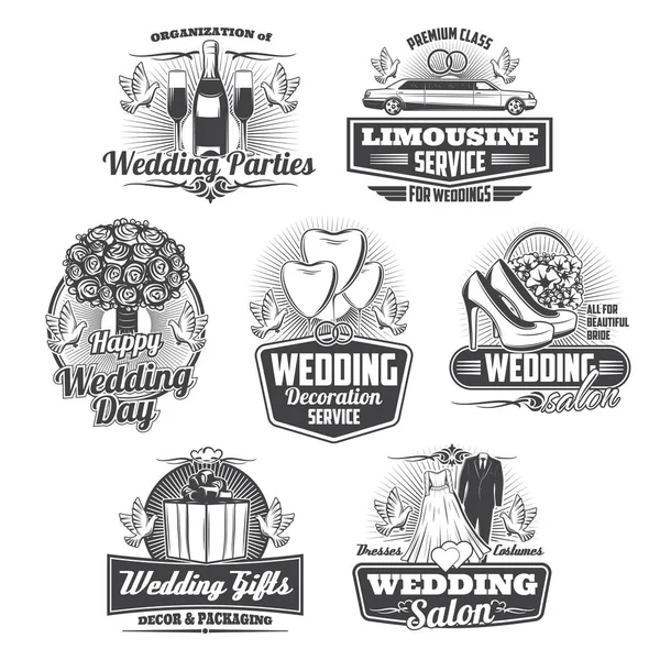 Servicio matrimonial, ceremonia de boda iconos aislados — Vector de stock