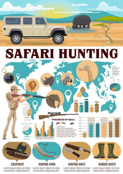 Jakt infographics, safari hunter och utrustning — Stock vektor