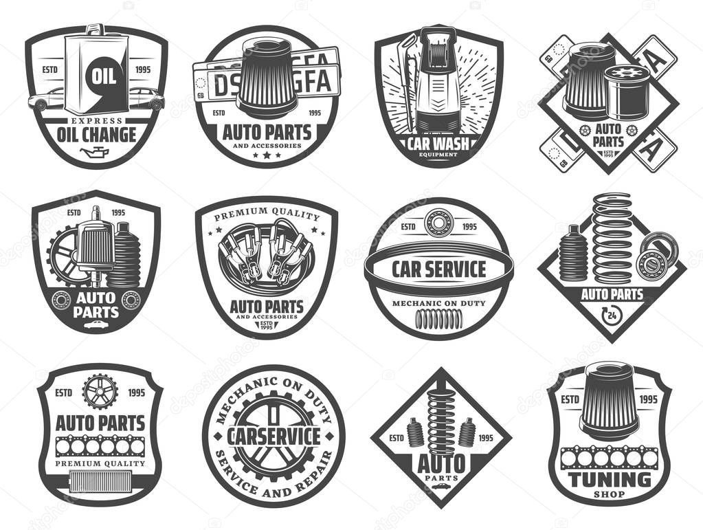 Car repair service isolated icons, spare parts and wash. Vector oil canister and filters, gear and engine charging cable, spring and exhaust pipe. Garage station and mechanic on duty