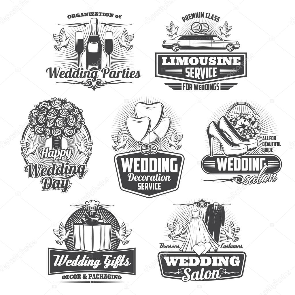 Wedding and marriage isolated monochrome icons. Vector limousine rent service, engagement bouquet, decoration service with balloons and doves. Bride dress and groom costumes salon, gifts packaging