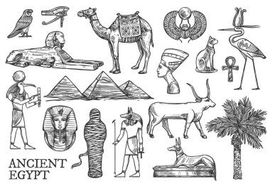 Ancient Egypt icons, Gods and landmark sketches clipart