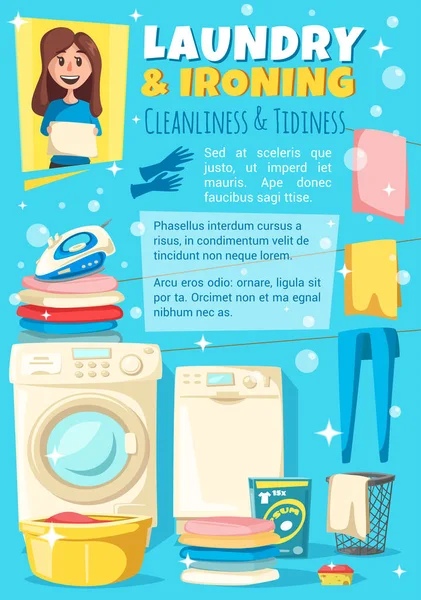 Bügeln, Wäsche waschen und waschen. Hausfrauenarbeit — Stockvektor