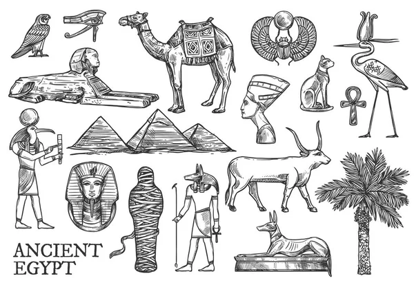 Starověký Egypt ikony, bohy a orientační bod skici — Stockový vektor