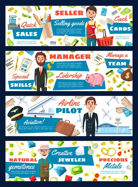 Pilot and manager, jeweler and seller — Stock Vector