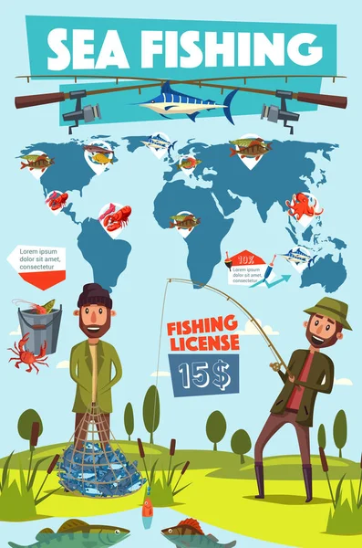 Desporto de pesca, pescador e peixe em rede — Vetor de Stock