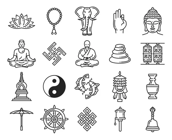 Buddhismus náboženství lineární ikony a symboly — Stockový vektor