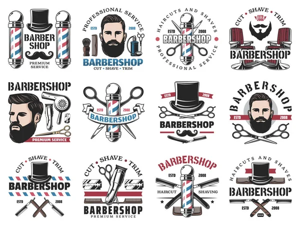 Iconos de barbería, afeitado de barba y peluquería — Archivo Imágenes Vectoriales