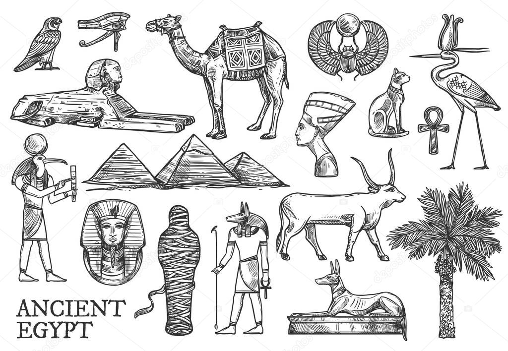 Ancient Egypt icons, Gods and landmark sketches