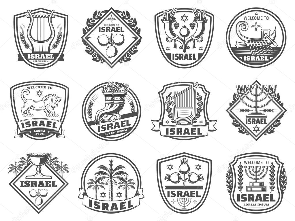 Israel culture symbols, religion and tradition monochrome icons. Vector harp and pomegranate, cornucopia and boat with oars. Lion and David star, candlestick and goblet, palm trees, judaic grail