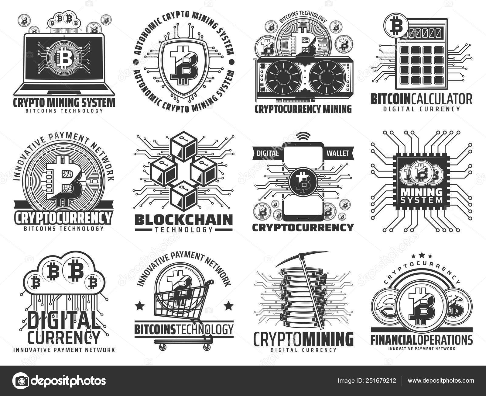 Kryptoměn, těžba a blockchain ikony Stock Vektor od ©Seamartini 251679212