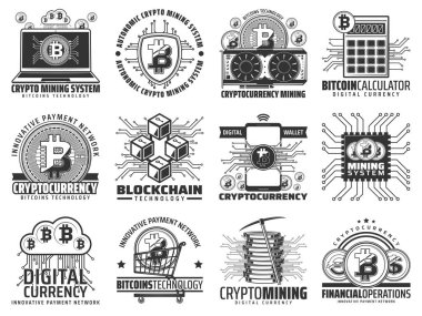 Cryptocurrency, madencilik ve blockchain simgeler