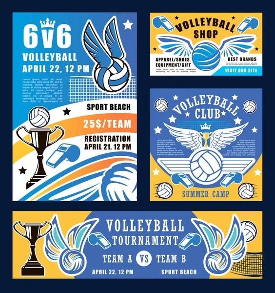 Volleybal sport spel, trofee cup en apparatuur — Stockvector