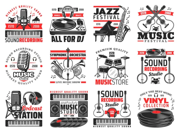 Estúdio de gravação de música e som, ícones de instrumentos — Vetor de Stock