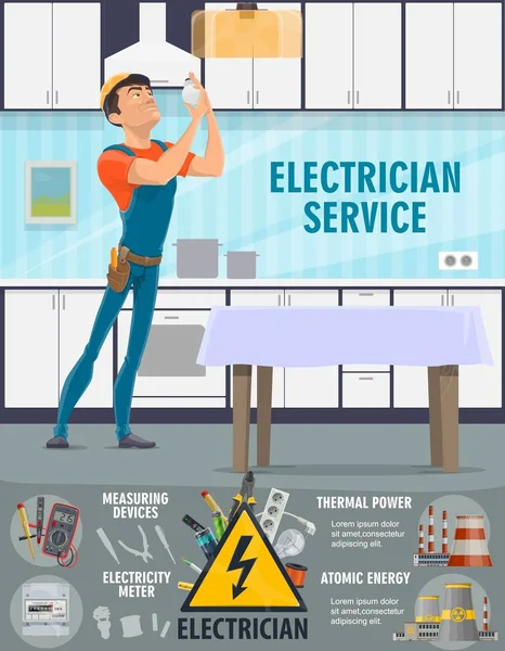 Electricidad, servicio de electricista y herramientas — Vector de stock