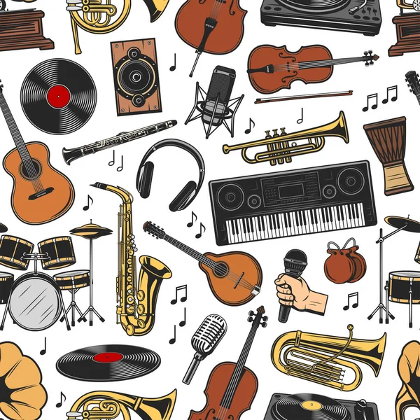 Musikinstrumente und Ausrüstung nahtlose Muster — Stockvektor