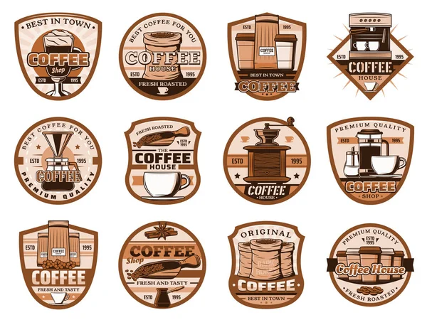 Coffee drink and beverage icons, beans and cups — Stock Vector