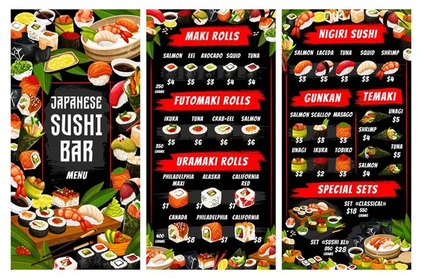 Menú de cocina japonesa, sushi vector y rollos — Vector de stock