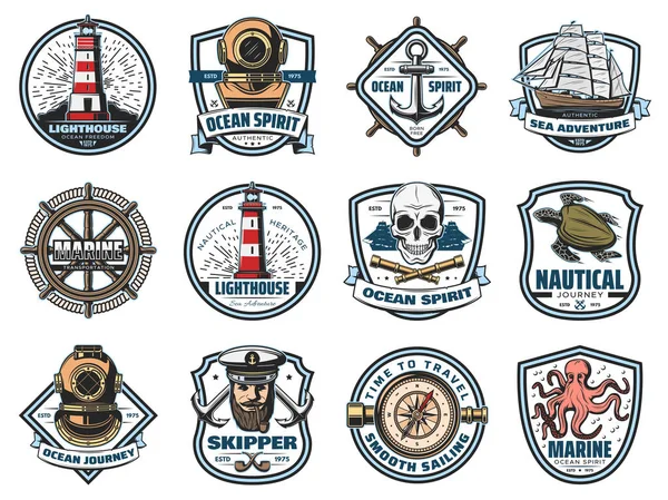 Nautische heraldiek, vector marine geïsoleerd pictogrammen — Stockvector