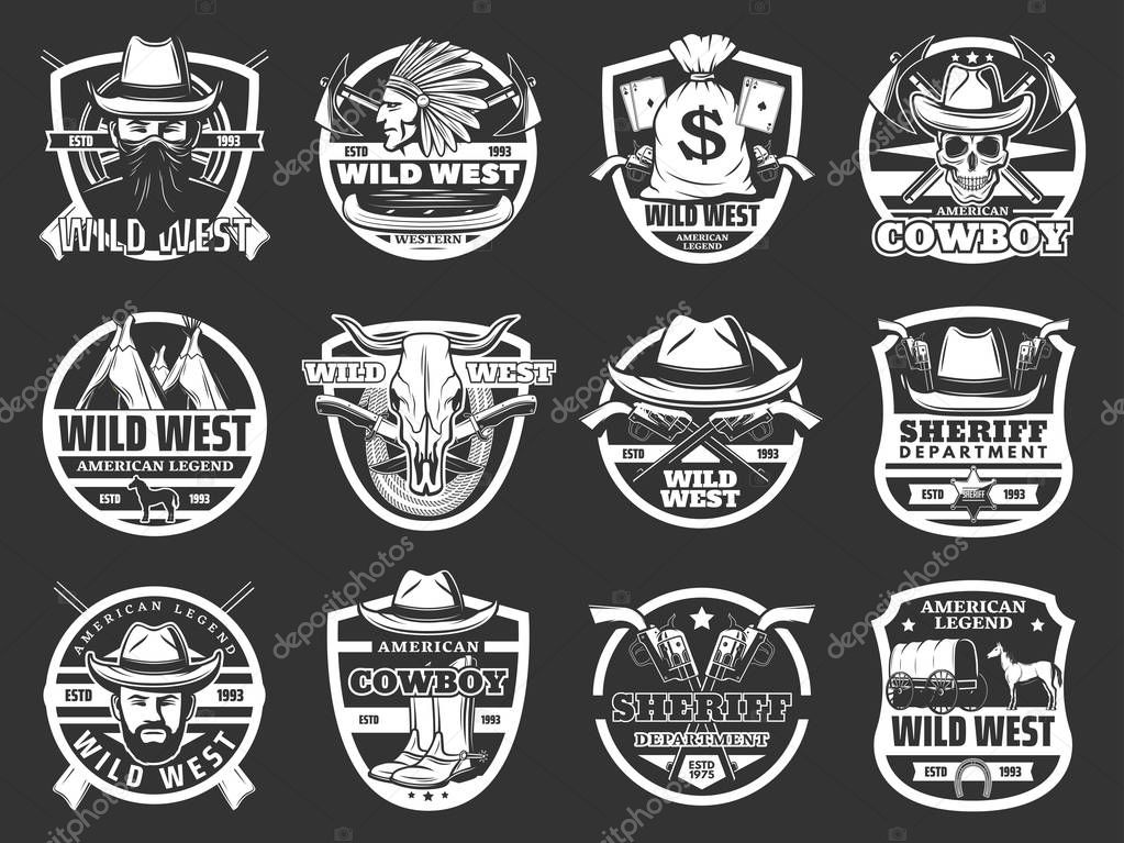 Wild West western isolated symbols. Vector cowboy in hat and gun, revolver and skull, bandit and Indian. Bull and native American, money bag and knives, carriage and horse, wigwam and canoe