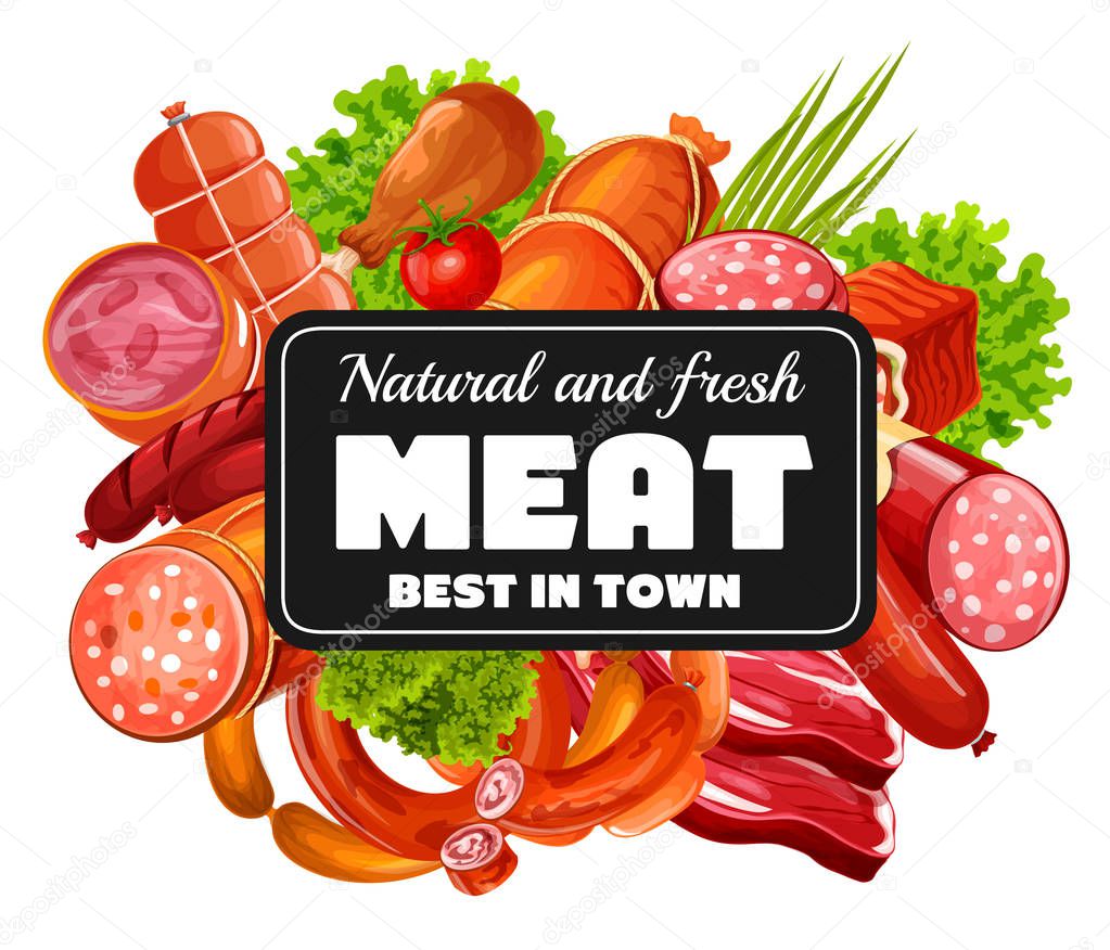 Pork and beef meat products, sausages and greenery, butchery shop. Vector bacon and fried chicken, drumstick and steak, tomato and lettuce, salami and ham. Meaty delicatessen, farm food
