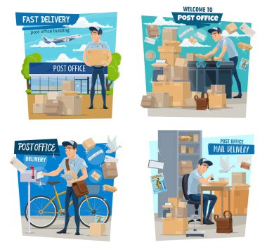 Postman or mailman, parcels delivery, post office clipart