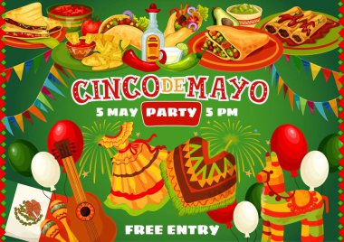 Mutlu Cinco de Mayo Meksika partisi gıda ve bayrakları