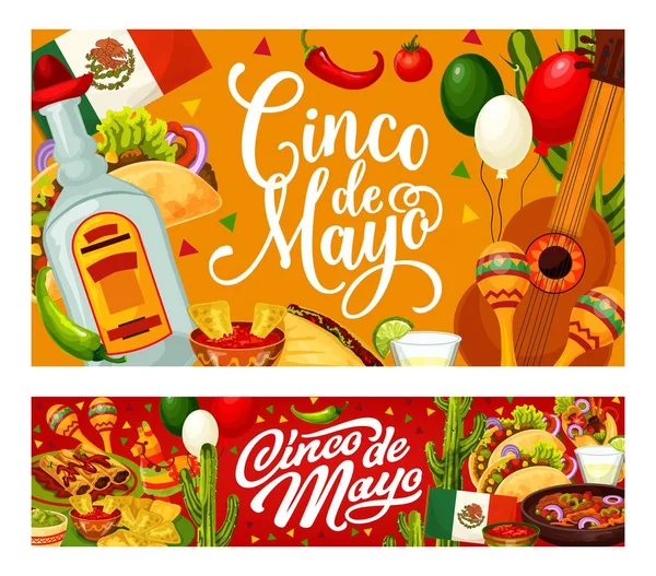 Gitar Meksiko, kaktus, makanan. Pesta Cinco de Mayo - Stok Vektor