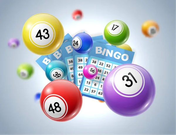 Bolas de loteria e bilhetes de loteria com números — Vetor de Stock