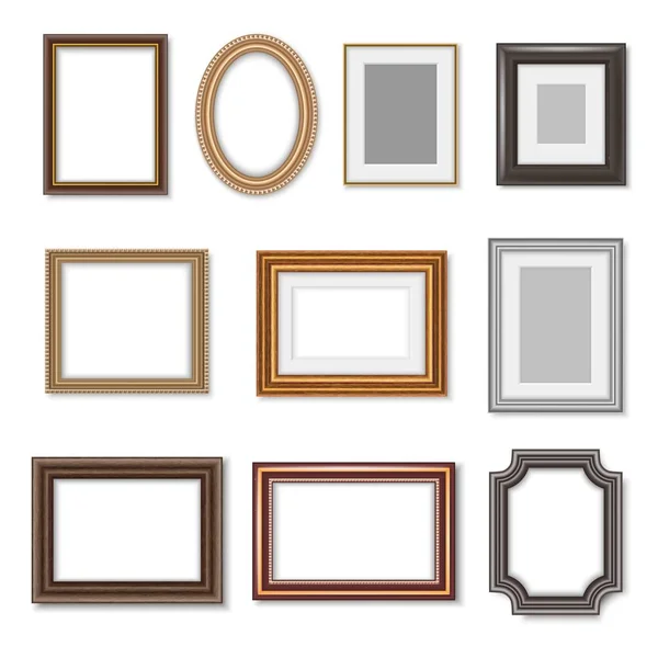 Wooden photo frames and picture golden borders — Stock Vector