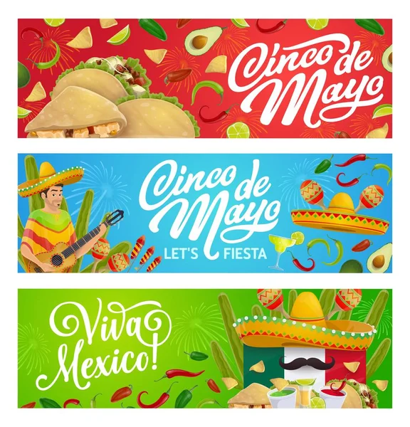 Cuisine mexicaine de vacances, sombrero, guitare et maracas — Image vectorielle