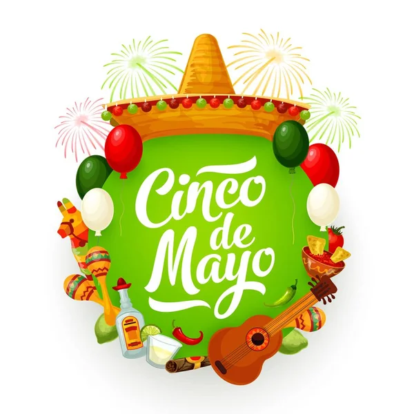 Cinco de Mayo sombrero, comida mexicana, guitarra —  Vetores de Stock