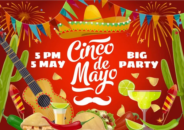 Cinco de Mayo sombrero, gitar, makanan pesta Meksiko - Stok Vektor