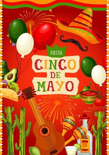 墨西哥节日吉他和索姆布雷罗。Ccco de Mayo — 图库矢量图片