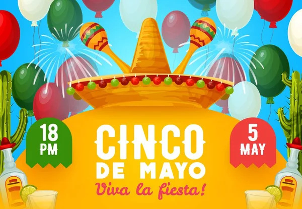 Fiesta mexicana sombrero, maracas y bebidas — Vector de stock