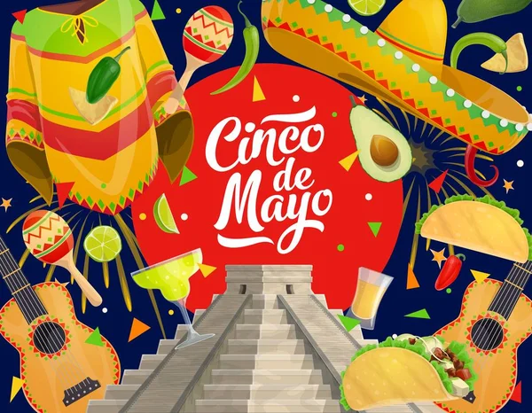 Cinco de Mayo fiesta, sombrero Meksiko dan alpukat - Stok Vektor