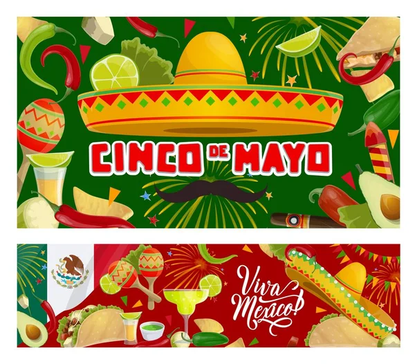 Cinco de Mayo Maracas messicane, sombrero, baffi — Vettoriale Stock