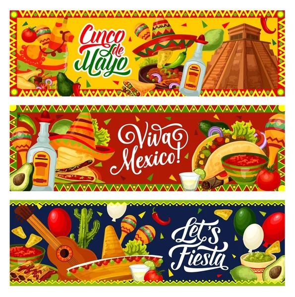 Cinco de Mayo guitare de fête, sombrero, cuisine mexicaine — Image vectorielle