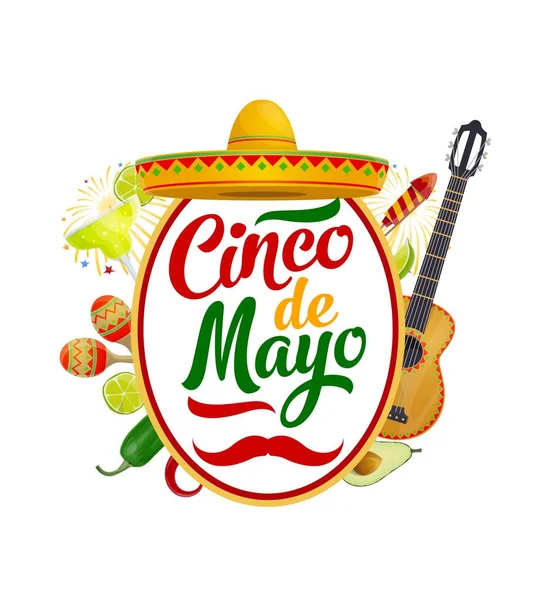 Σομπρέρο, μαράκες, κιθάρα. Μεξικάνικο Cinco de Mayo — Διανυσματικό Αρχείο