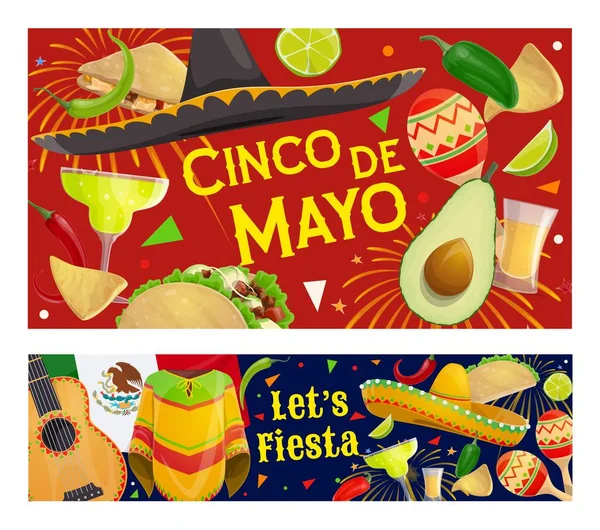 Meksiko Cinco de Mayo fiesta sombrero, gitar - Stok Vektor