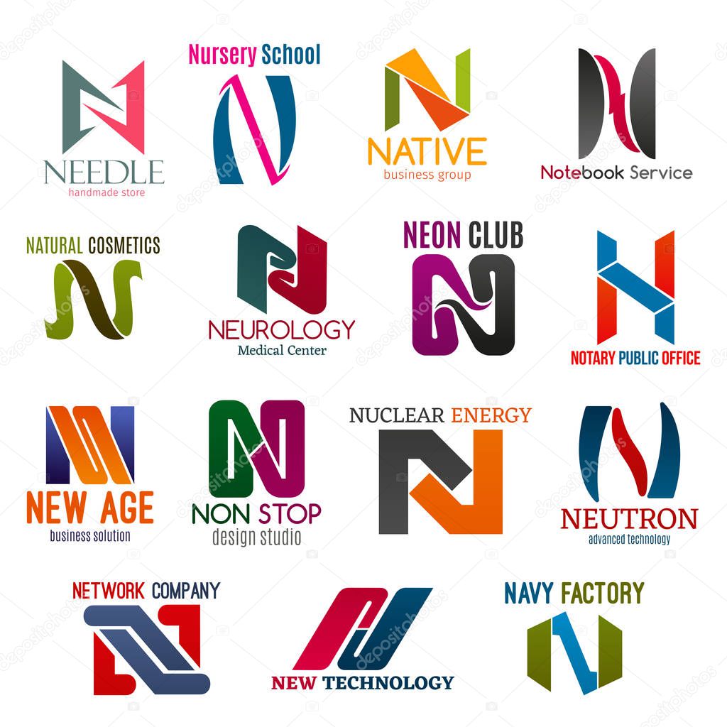 Corporate identity letter N business icons. Vector shopping and education, service, beauty and medicine, entertainment. Jurisprudence and design, energy and technology, Internet and factory industries