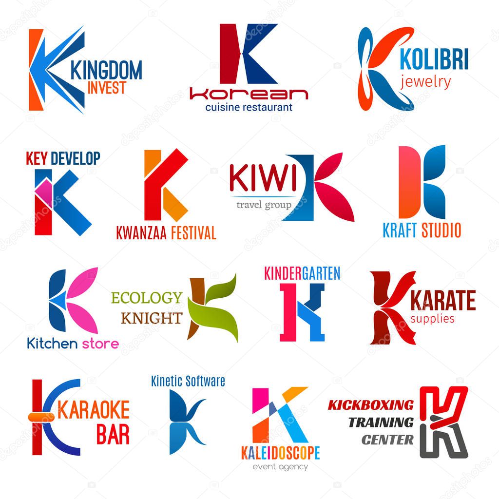 Corporate identity letter K business icons. Vector finance, food and jewelry, development and entertainment, travel and studio. Shopping, ecology and education, sport and software, event and training