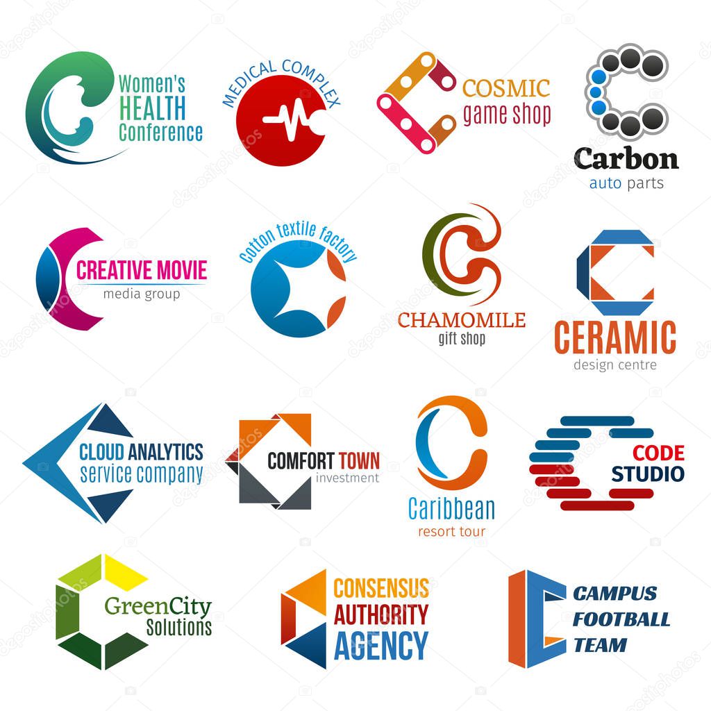 Letter C business corporate identity icons vector. Health and medicine, games and car service, media and factory, shopping and design, analytics and investment. Traveling and ecology, football agency