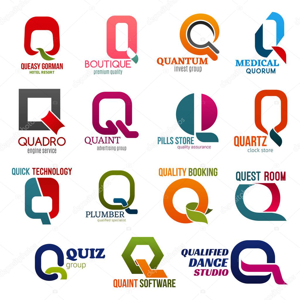 Corporate identity letter Q business icons. Vector recreation and fashion, finance, medicine and transport, advertising and pharmacy. Accessory and technology, plumbing and booking, entertainment