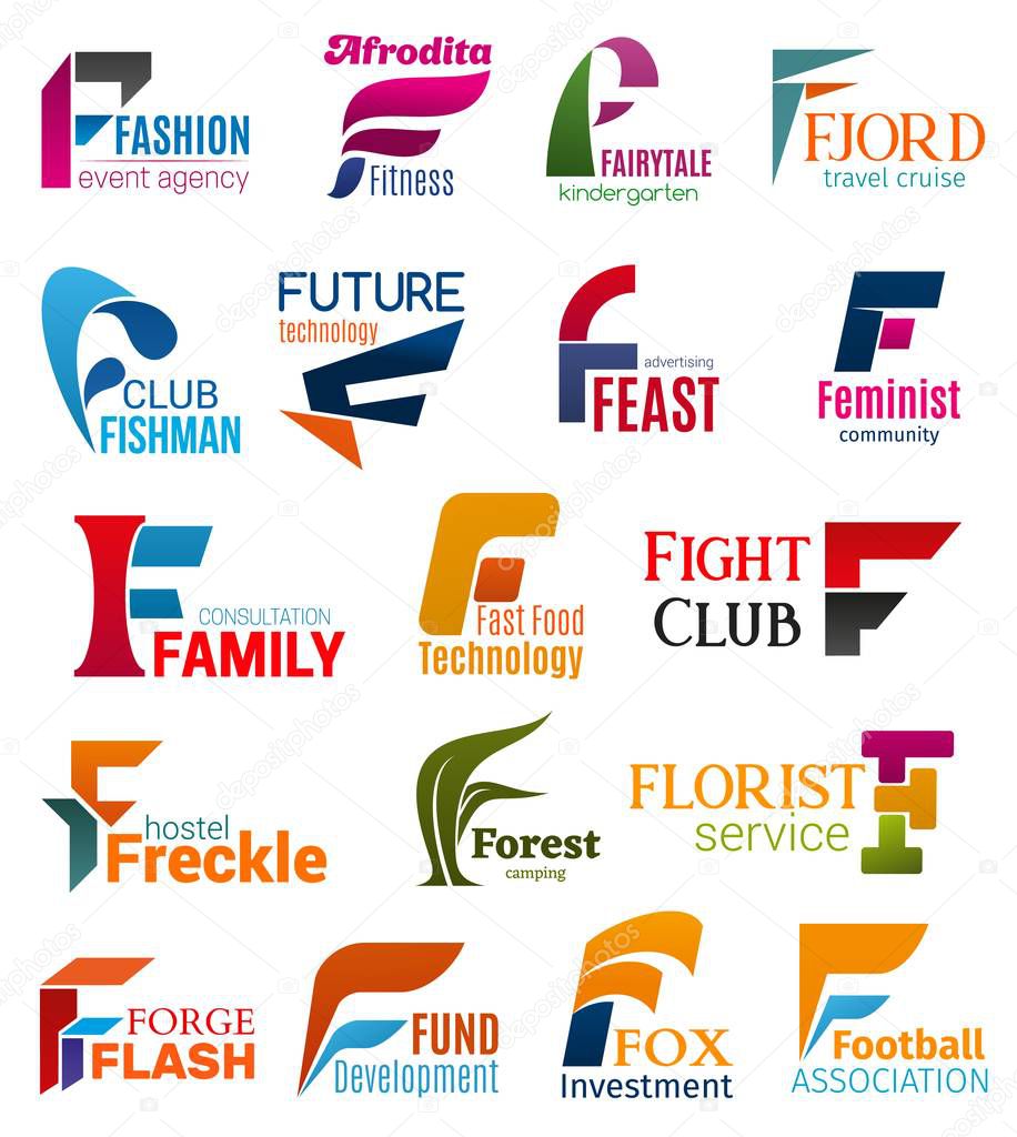 Corporate identity letter F business icons. Vector fashion and sport, education, travel and hobby, technology, advertising and community. Support and food, recreation, camping, floristry and finance