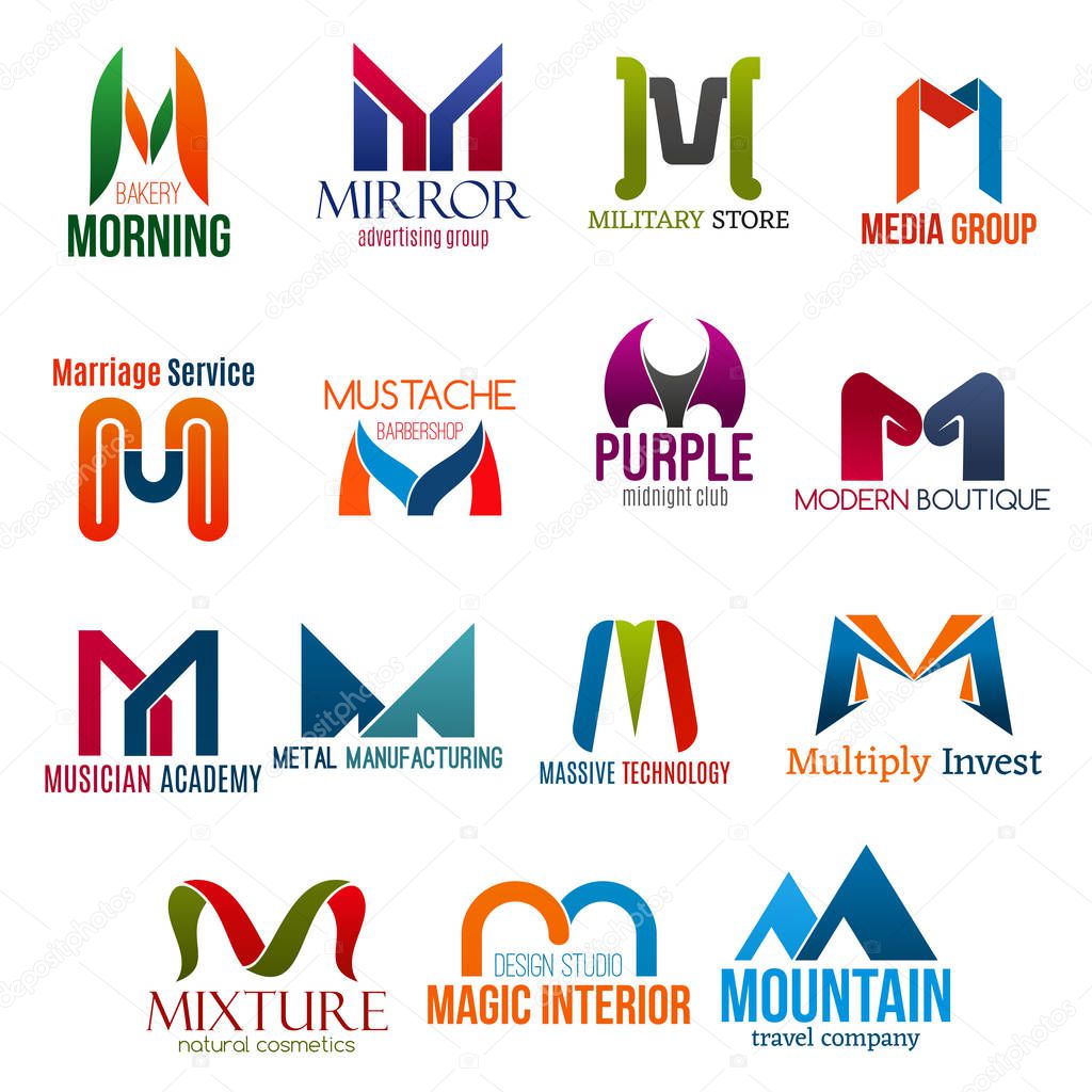 Corporate identity letter M business icons. Vector bakery and advertising, army and media, marriage and barbershop. Entertainment and fashion, music and manufacture, technology and finance, beauty