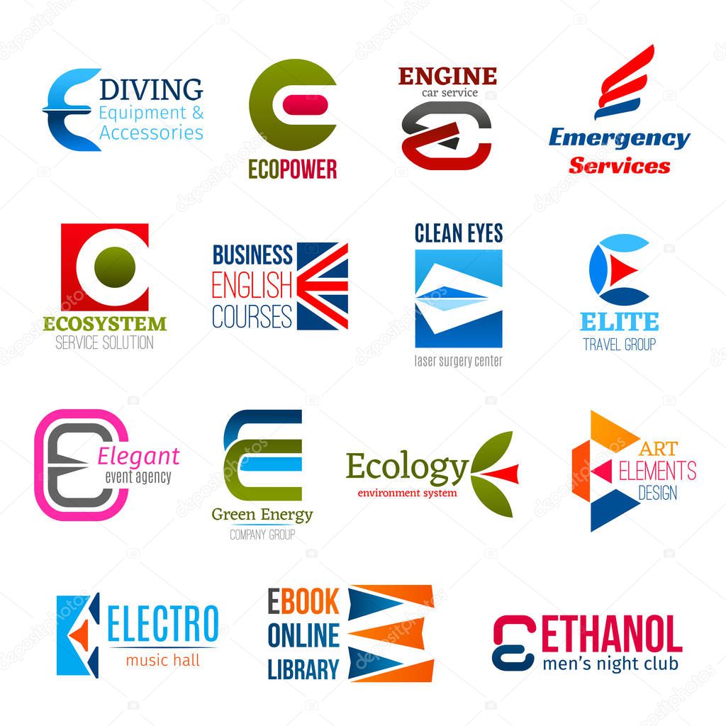 Corporate identity letter E business icons. Hobby and power, transport and aid, ecology, education and medicine, travel, entertainment and environment, art and music. Vector emblems and signs, symbols