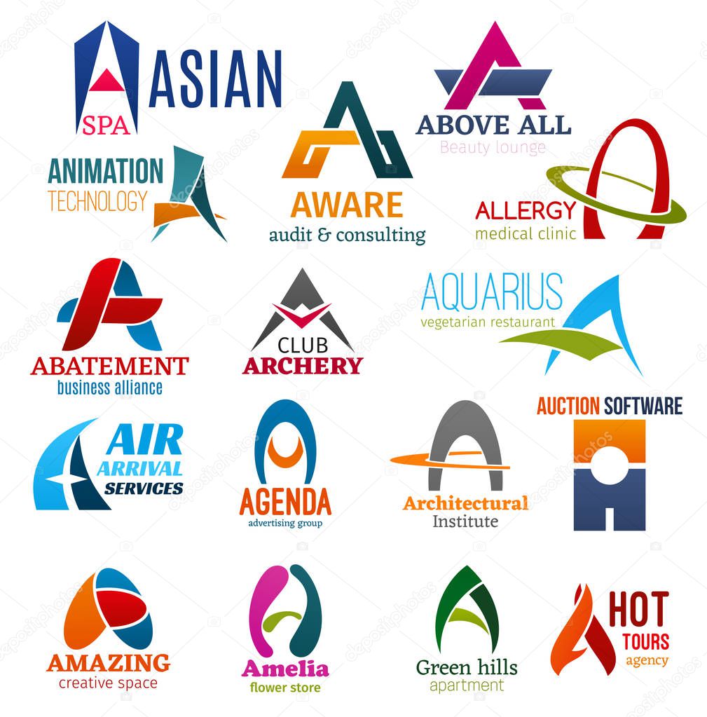 Corporate identity letter A business icons. Vector recreation and technology, audit and consulting, medicine and sport, food and transport. Advertising, architecture and software, floristry and estate