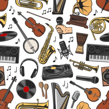 Müzik aletleri Dikişsiz desen, vektör